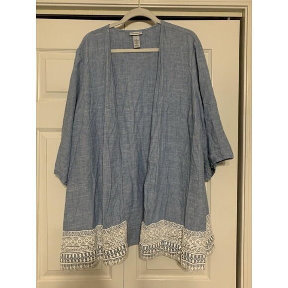 Catherines Linen Blend Chambray Blue & Crochet Lace Open Cardigan Size 3X (X26) - Picture 6 of 9
